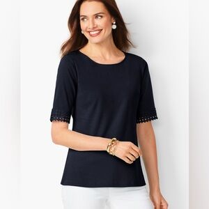 TALBOTS CIRCLE LACE TRIM TEE NAVY BLUE SIZE L